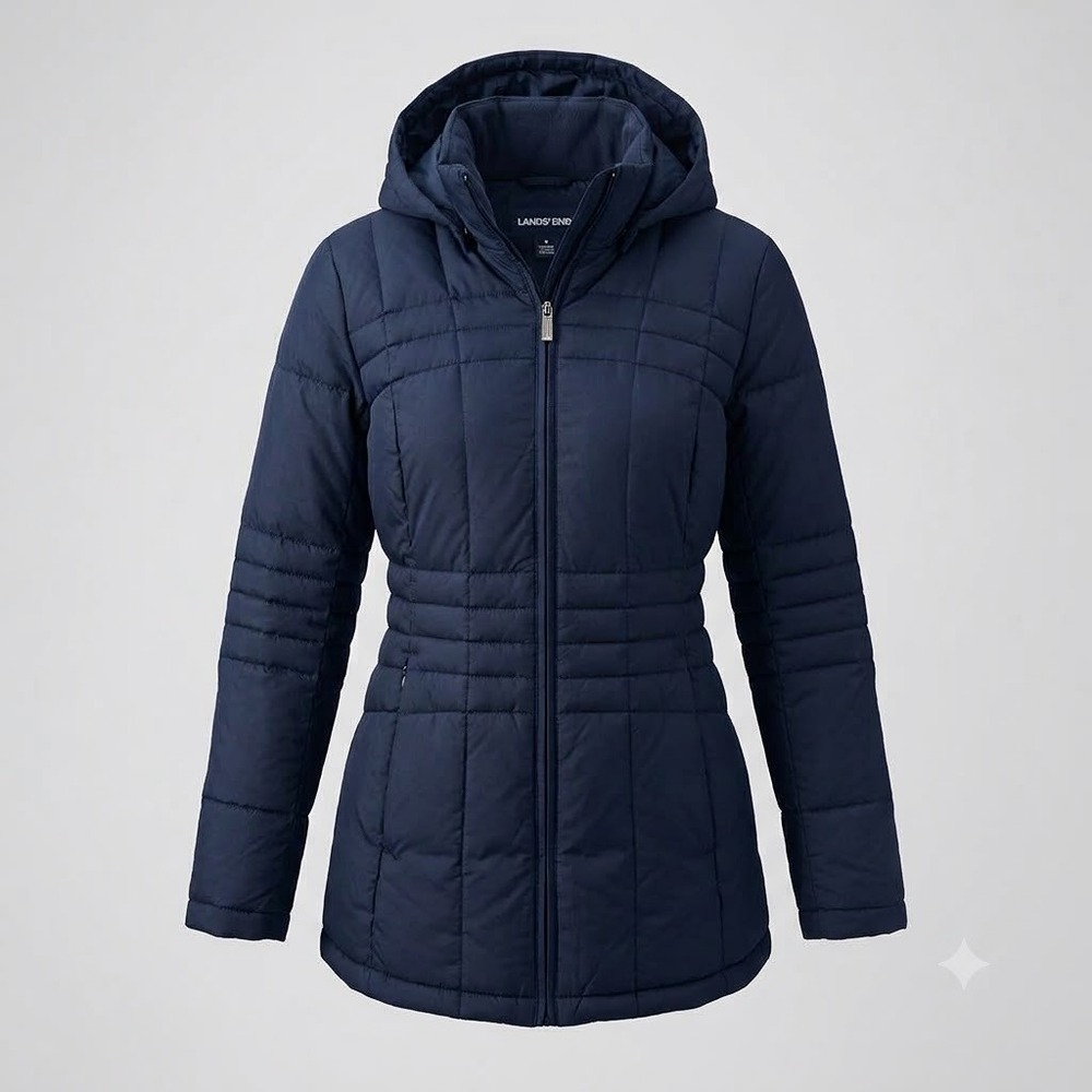 Lands End Womens Navy Blue Quilted Puffer Jacket Hooded Fleece Lined Med 10-12